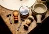 A collection of locally made shaving products sold by Stone Field Shaving Company.