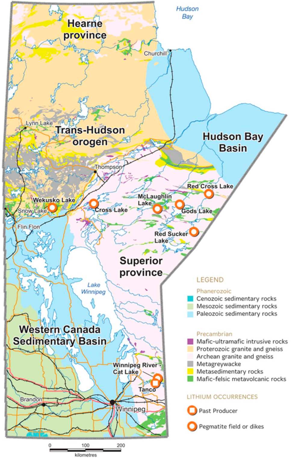 Agriculture and Resource Development
Geological map of Manitoba showing the locations of lithium-bearing pegmatite fields.