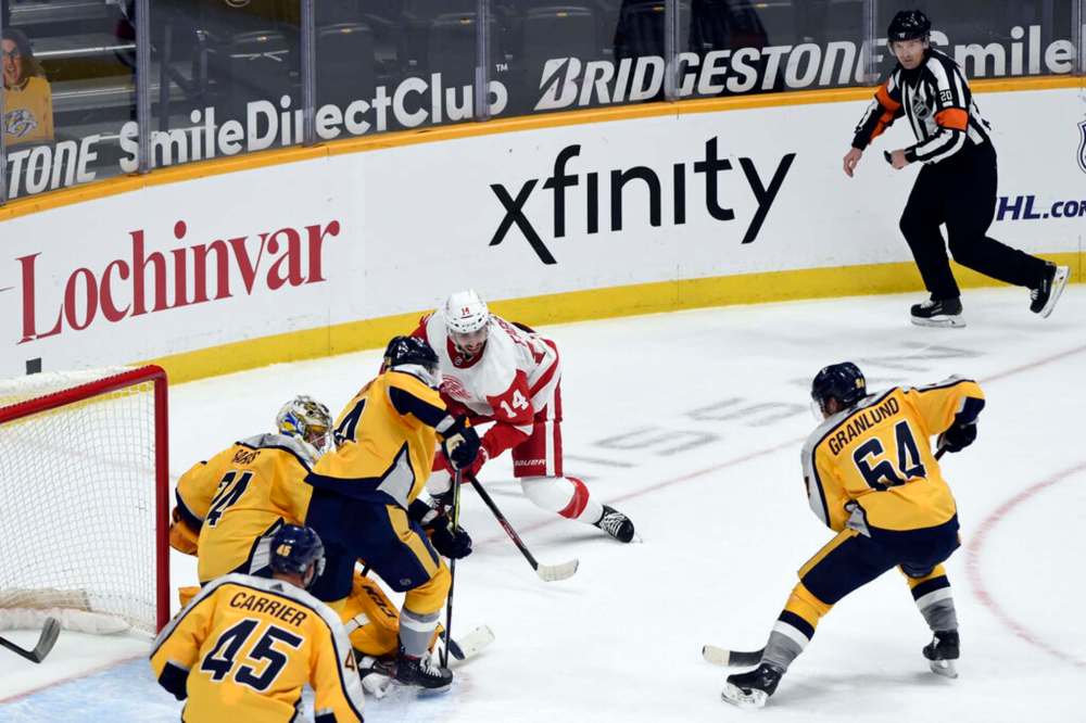 Referee Tim Peel, upper right, officiates a game between the Nashville Predators and the Detroit Red Wings in Nashville, Tenn. Tuesday. (AP Photo/Mark Zaleski, File)