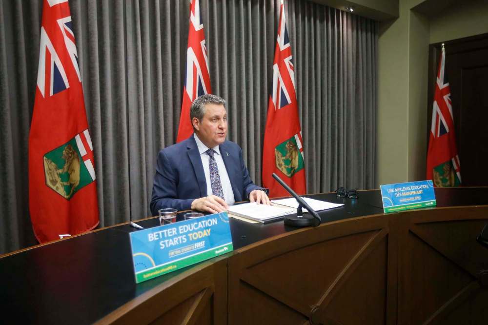 JOHN WOODS / WINNIPEG FREE PRESS
Minister of Education Cliff Cullen speaks at a press conference about Bill 64 on March 15 at the Manitoba Legislature.