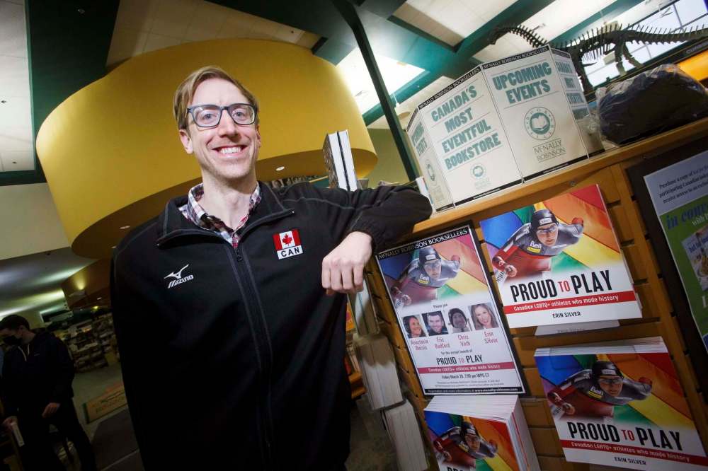 MIKE DEAL / WINNIPEG FREE PRESS
Former pro volleyball player Chris Voth at McNally Robinson Friday morning with the book Proud to Play which highlights professional athletes in the LGBQT+ community.