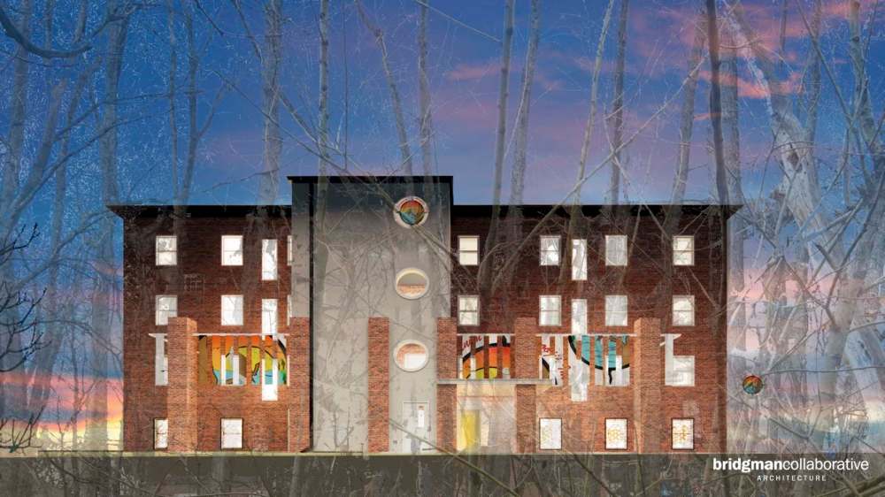 A rendering shows the outside design planned for the Noble Court building. (Bridgman Collaborative)