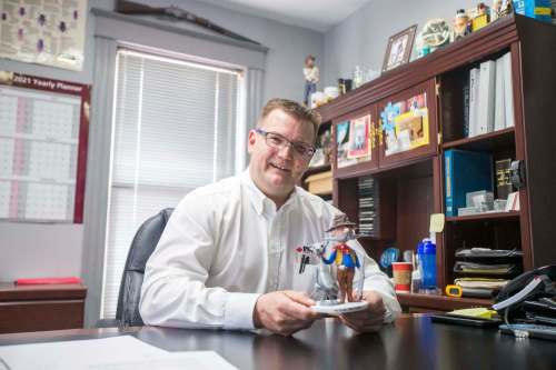 Lincoln Poulin, president of Poulin&rsquo;s Pest Control, took over control of the firm&rsquo;s day-to-day operations in 2016. His office is home to a colourful assortment of pest memorabilia. (Mikaela MacKenzie / Winnipeg Free Press)