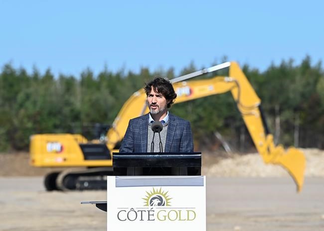 Canadian Prime Minister Justin Trudeau speaks while taking part in a ground breaking event at the Iamgold Cote Gold mining site in Gogama, Ont., on Friday, September 11, 2020. THE CANADIAN PRESS/Nathan Denette