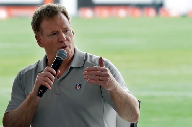 FILE - In this Aug. 17, 2017, file photo, NFL Commissioner Roger Goodell answers questions during a season ticket member fan forum before practice at the Cleveland Browns NFL football team