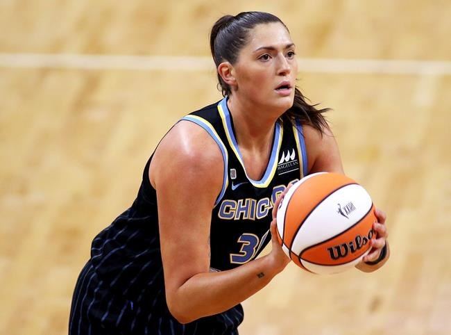 FILE - In this May 15, 2021, file photo, Chicago Sky center Stefanie Dolson controls the ball during a WNBA basketball game against the Connecticut Mystics in Washington. Sky star Dolson is checking in periodically from the Olympics. She is part of the U.S. 3x3 team that will take part in the inaugural competition in that event at the Tokyo Games. (AP Photo/Daniel Kucin Jr.)