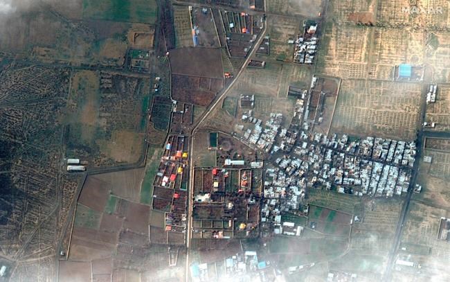 This satellite photo provided by Maxar Technologies on Thursday, Jan. 9, 2020, shows the site where a Ukrainian jetliner crashed late Tuesday near the town of Shahedshahr, Iran, southwest of the capital Tehran. A separate version of this image with annotations showing the location and length of the debris field has also moved. (Satellite image ©2020 Maxar Technologies via AP)