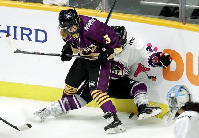 FILE- In this Feb. 10, 2019, file photo, Jonna Curtis, left, a forward on Team Stecklein, battles for the puck with Michelle Picard, right, a defender on Team Szabados, during the NWHL All-Star Hockey Game in Nashville, Tenn. The women's hockey league thinks it can make it work with the same kind of COVID-19 testing the NBA used in its Disney World bubble. Players, coaches and staff will essentially be limited to hotel and Herb Brooks Arena, the site of the 1980 “Miracle on Ice” that serves as a historic setting for a unique season. (AP Photo/Mark Humphrey, File)