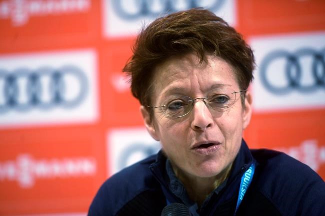 FILE - In this Nov. 29, 2019, file photo, FIS Secretary General Sarah Lewis speaks at an anti-doping press conference at a World Cup skiing event in Kuusamo, Finland. The International Ski Federation has removed Lewis from her job on Friday, Oct. 9, 2020, citing a “complete loss of confidence.” Lewis, an expected candidate in the FIS presidential election postponed to June, had been secretary general of skiing’s governing body for 20 years. (Vesa Moilanen(Lehtikuva via AP, File)