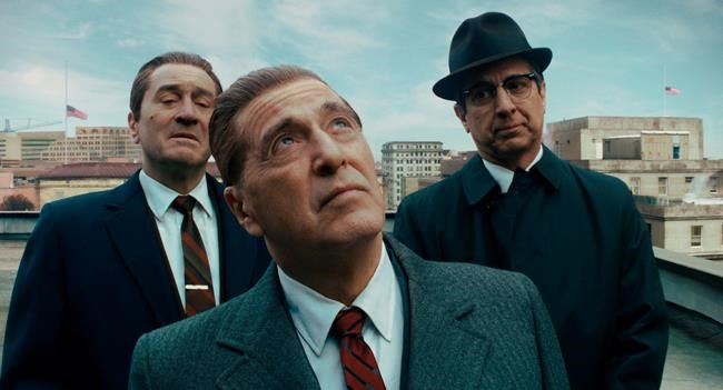 This image released by Netflix shows, from left, Robert De Niro, Al Pacino and Ray Romano in a scene from