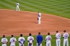 The New York Mets and the Miami Marlins stand on the field and bow their heads at the start of their baseball game before walking off in protest, Thursday, Aug. 27, 2020, in New York. The teams jointly walked off the field after a moment of silence, draping a Black Lives Matter T-shirt across home plate as they chose not to start their scheduled game Thursday night. (AP Photo/John Minchillo)(AP Photo/John Minchillo)
