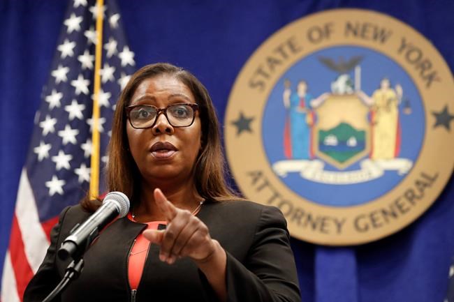 FILE- In this Aug. 6, 2020 file photo, New York State Attorney General Letitia James takes a question at a news conference in New York. Federal regulators and a group of states launched a landmark antitrust offensive against Facebook, accusing the social network of abusing its market power in social networking to crush smaller competitors. “It’s really critically important that we block this predatory acquisition of companies and that we restore confidence to the market,” said James during a press conference announcing the lawsuit. (AP Photo/Kathy Willens, File)
