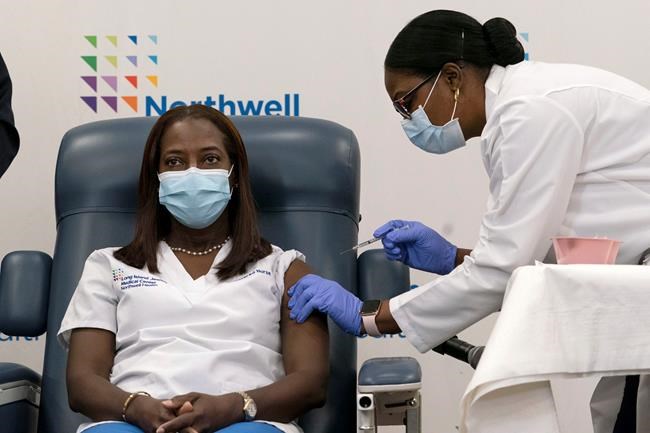 FILE - In this Dec. 14, 2020, file photo, Sandra Lindsay, left, a nurse at Long Island Jewish Medical Center, is inoculated with the Pfizer-BioNTech COVID-19 vaccine by Dr. Michelle Chester, in the Queens borough of New York. New York officials are pushing for more COVID-19 vaccine doses as the effort to speed up inoculations collides with a lack of vaccine. New York City Mayor Bill de Blasio said Tuesday that the city will run out of first doses of COVID-19 vaccine sometime Thursday without fresh supplies. (AP Photo/Mark Lennihan, Pool, File)