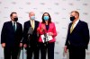 Members of the Brisbane 2032 delegation, left, The Right Honourable the Lord Mayor of Brisbane, Councillor Adrian Schrinner, Senator the Honourable Richard Colbeck, Minister for Senior Australians and Aged Care Services and Minister for Sport, The Honourable Annastacia Palaszczuk MP, Premier of Queensland and Minister for Trade, and John Coates AC, President, Australian Olympic Committee, speak to the media after Brisbane was announced as the 2032 Summer Olympics host city during the IOC Session at Hotel Okura in Tokyo, Wednesday, July 21, 2021. (Toru Hanai/Pool Photo via AP)