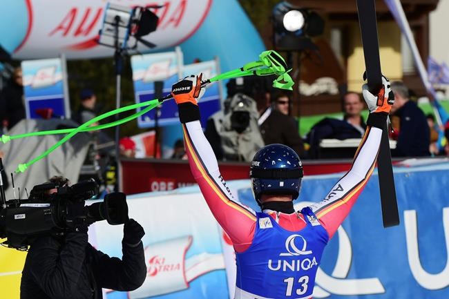 Germany's Thomas Dressen reacts at finish line after completing an alpine ski, men's World Cup downhill, in Saalbach, Austria, Thursday, Feb. 13, 2020. (AP Photo/Marco Tacca)