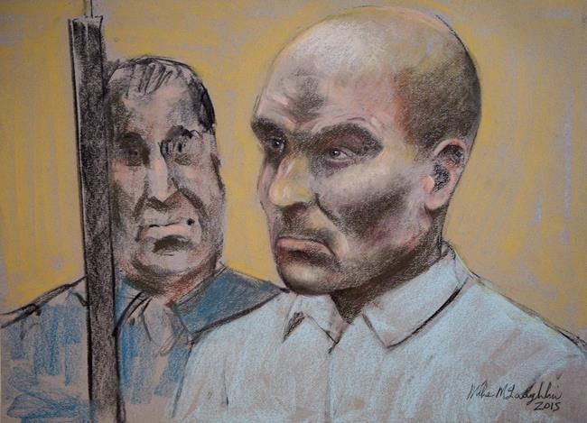 Bertrand Charest is seen on a court drawing during a bail hearing, on March 16, 2015 in St-Jerome, Que. Former national ski coach Charest has been granted full parole. THE CANADIAN PRESS/Mike McLaughlin