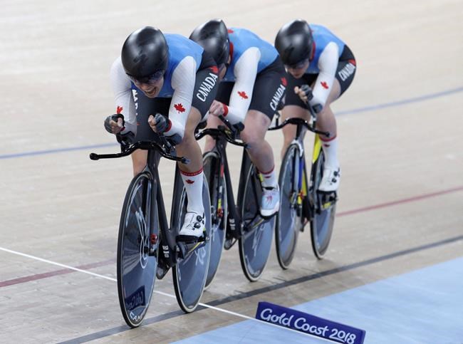 Canada's Annie Foreman-Mackey, Allison Beveridge and Ariane Bonhomme during the Women's 4000m Team Pursuit Finals-Bronze at the Anna Meares Velodrome during the 2018 Commonwealth Games in Brisbane, Australia, Thursday, April 5, 2018. Cycling Canada has nominated its road and track teams for the Tokyo Olympics. THE CANADIAN PRESS/AP /Tertius Pickard