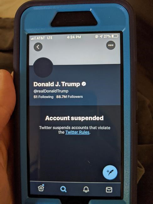 This Friday, Jan. 8, 2021 image shows the suspended Twitter account of President Donald Trump. On Friday, the social media company permanently suspended Trump from its platform, citing