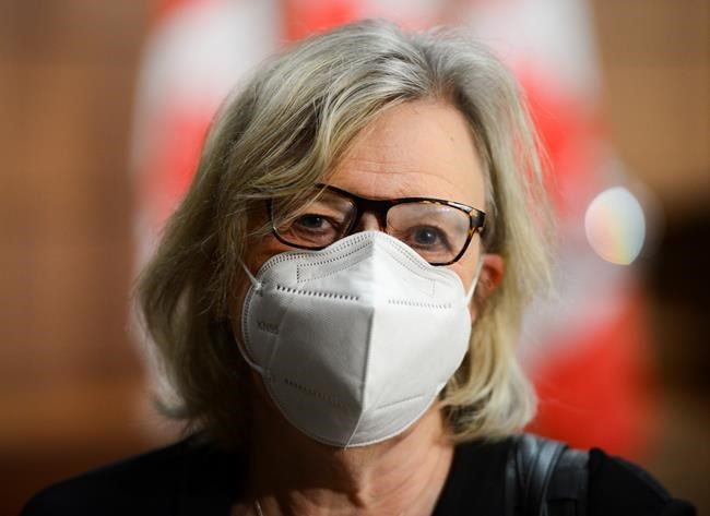 Green party Parliamentary Leader Elizabeth May leaves after holding a press conference on Parliament Hill amid the COVID-19 pandemic in Ottawa on Wednesday, June 17, 2020. THE CANADIAN PRESS/Sean Kilpatrick