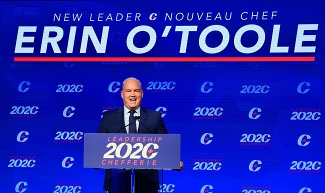 Conservative Party of Canada Leader Erin O'Toole speaks after his win at the 2020 Leadership Election, in Ottawa on Sunday, Aug. 23, 2020. THE CANADIAN PRESS/Sean Kilpatrick