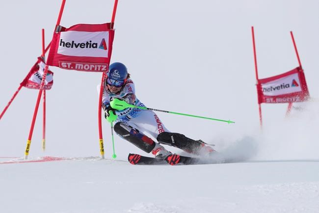 Slovakia's Petra Vlhova competes during an alpine ski, women's parallel slalom World Cup in St. Moritz, Switzerland, Sunday, Dec. 15, 2019. (AP Photo/Sergio Bisi)