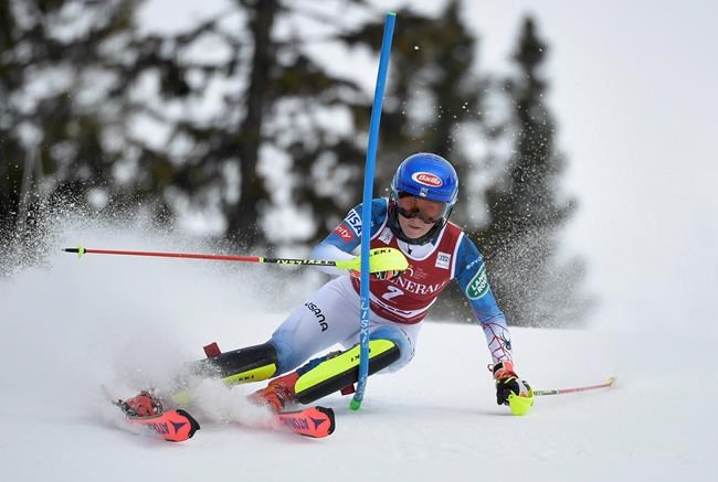 Mikaela Shiffrin of the United States competes in the first run of a Women's slalom Alpine World Cup ski race in Are, Sweden, Saturday March 13, 2021. (Pontus Lundahl, TT via AP)