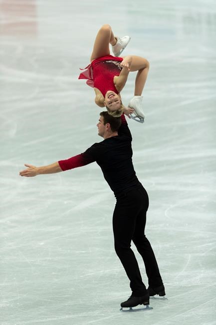 USA's Alexa Knierim and Brandon Frazier perform during the pairs' short program of the ISU World Team Trophy figure skating competition in Osaka, western Japan, Friday, April 16, 2021. (AP Photo/Hiro Komae)
