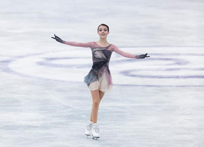 Russia's Anna Shcherbakova performs during the women's free skating program of the ISU World Team Trophy figure skating competition in Osaka, western Japan, Saturday, April 17, 2021. (AP Photo/Hiro Komae)