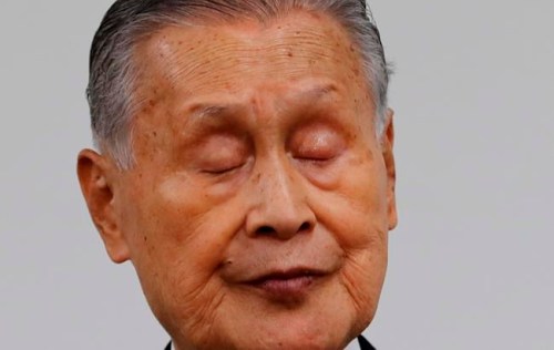 Yoshiro Mori, the president of the Tokyo Olympic organizing committee, closes his eyes during a news conference in Tokyo Thursday, Feb. 4, 2021. (Kim Kyung-hoon/Pool Photo via AP)