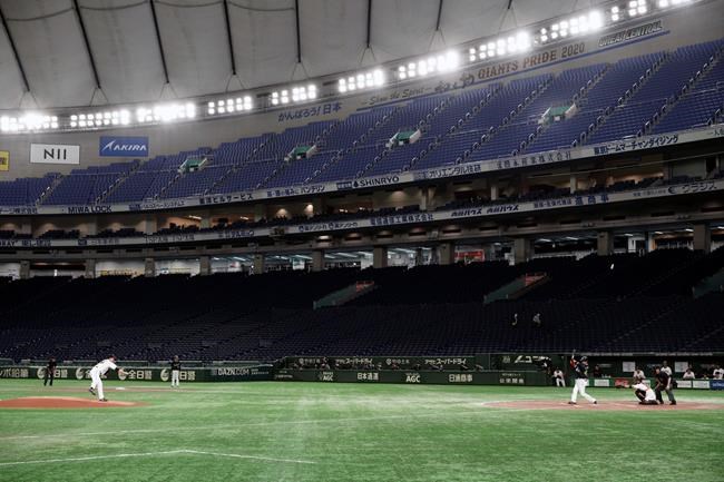 FILE - In this Saturday, Feb. 29, 2020, file photo, spectators' stands are empty during play in a preseason baseball game between the Yomiuri Giants and the Yakult Swallows at Tokyo Dome in Tokyo. IOC officials announced on Monday, March 2, 2020, that a baseball qualifying event for Tokyo Olympics was postponed from April to June. (AP Photo/Eugene Hoshiko, File)