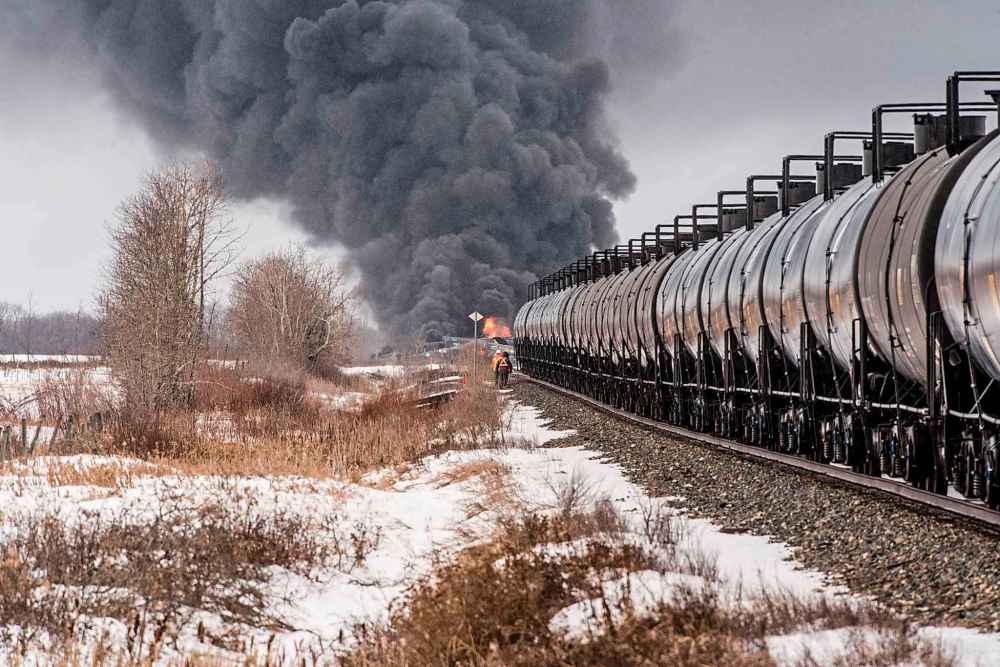 Smoke rises from last week’s derailment in Saskatchewan. (Matt Smith / The Canadian Press files)