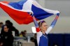 Russia's Natalia Voronina celebrates after competing in the women's 5,000 meters during the world single distances speedskating championships Saturday, Feb. 15, 2020, in Kearns, Utah. (AP Photo/Rick Bowmer)