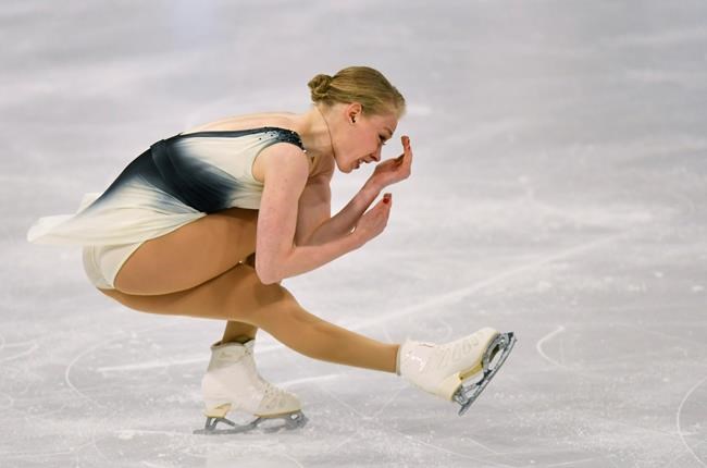 Bradie Tennell of the USA performs during the Ladies Free Skating at the Figure Skating World Championships in Stockholm, Sweden, Friday, March 26, 2021. (AP Photo/Martin Meissner)