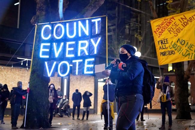 Protesters rally about the election Wednesday, Nov. 4, 2020, in Seattle. (AP Photo/Ted S. Warren)