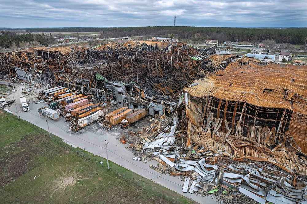 As seen from a drone in the air, the massive Komodor logistics park lies in ruins, after being bombed and burnt during the Russian invasion on April 19, 2022, near Makarov, Ukraine. (John Moore/Getty Images/TNS)