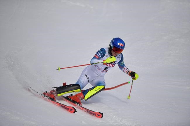 Michaela Shiffrin of US competes during woman's FIS Ski World Cup slalom in Are, Sweden, Friday March 12, 2021. (Pontus Lundahl / TT via AP)