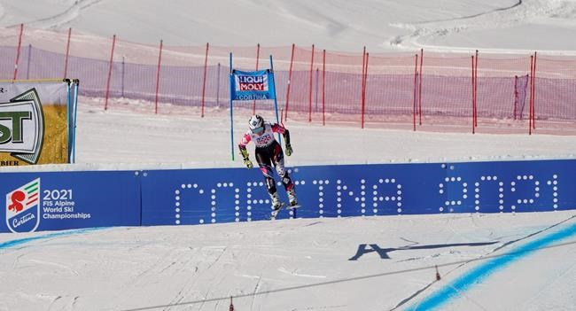 FILE - In this Jan. 20, 2019 file photo, Liechtenstein's Tina Weirather speeds down the course as a banner advertising the ski world championships in Cortina d'Ampezzo is seen in the background, during an alpine ski, women's World Cup super-G in Cortina D'Ampezzo, Italy. The International Ski Federation governing body on Thursday July 2, 2020, has rejected a request by Italian organizers of the 2021 Alpine ski world championships to postpone the competition by one year amid uncertainty during the pandemic. (AP Photo/Giovanni Auletta, file)