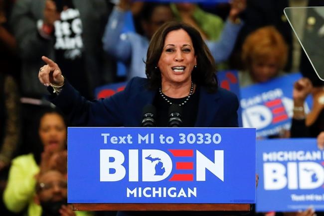 FILE - In this March 9, 2020, file photo, Sen. Kamala Harris, D-Calif., speaks at a campaign rally for Democratic presidential candidate former Vice President Joe Biden at Renaissance High School in Detroit. Before Joe Biden named Harris his running mate, women’s groups were readying a campaign of their own: Shutting down sexist coverage and disinformation about a vice presidential nominee they say is headed for months of false smears and “brutal” attacks from internet haters. (AP Photo/Paul Sancya, File)