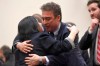FILE - In this March 7, 2019, file photo, Christine Levinson, wife of Robert Levinson, a former FBI agent who vanished in Iran in 2007, left, gets a hug from Babak Namazi, right, the son of Baquer Namazi who has been held in Iran, following their testimony before a House Foreign Affairs Subcommittee on Capitol Hill in Washington. The killing of a top Iranian general has ratcheted up the anxiety of families of Americans held in Iran. (AP Photo/Susan Walsh, File)