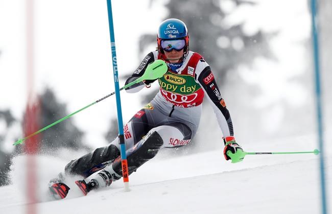 Slovakia's Petra Vlhova competes during the first run of an alpine ski, World Cup women's slalom in Jasna, Slovakia, Saturday, March 6, 2021. (AP Photo/Gabriele Facciotti)