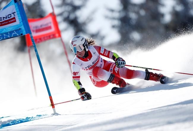 Poland's Maryna Gasienica Daniel speeds down the course during the first run of an alpine ski, World Cup women's giant slalom in Jasna, Slovakia, Sunday, March 7, 2021. (AP Photo/Gabriele Facciotti)