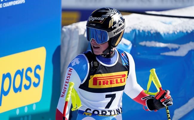 Switzerland's Lara Gut-Behrami reactss as she arrives at the finish area during the women's super-G, at the alpine ski World Championships in Cortina d'Ampezzo, Italy, Thursday, Feb. 11, 2021. (AP Photo/Giovanni Auletta)