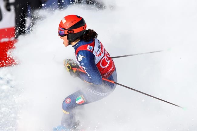 Italy's Federica Brignone celebrates at the finish area during an alpine ski, World Cup women's giant slalom in Sestriere, Italy, Saturday, Jan. 18, 2020. (AP Photo/Alessandro Trovati)