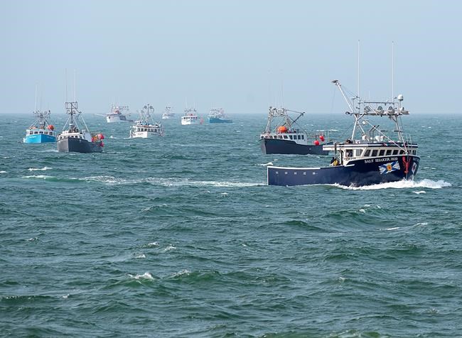 Non-indigenous boats protest the launch of a Mi'kmaq self-regulated fishery by members of the Sipekne'katik First Nation, in Saulnierville, N.S., on Thursday, Sept. 17, 2020. An official with Nova Scotia's Sipekne'katik First Nation is reporting no significant incidents as band fishermen prepare to haul lobster traps today in the western part of the province.THE CANADIAN PRESS/Andrew Vaughan
