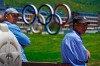 Workers take their break near the Olympics Village for Beijing 2022 Olympic and Paralympic Winter Games and Paralympic Winter Games, during a media tour in Zhangjiakou in northwestern China's Hebei province on Wednesday, July 14, 2021. (AP Photo/Andy Wong)