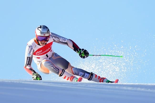 Norway's Henrik Kristoffersen competes in an alpine ski, men's World Cup giant slalom, in Hinterstoder, Austria, Monday, March 2, 2020. (AP Photo/Giovanni Auletta)