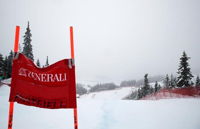 A view of the course after an alpine ski, men's World Cup super-G was cancelled due to bad weather, in Kvitfjell, Norway, Sunday, March 8, 2020. (AP Photo/Gabriele Facciotti)
