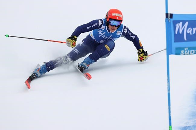 Italy's Federica Brignone competes during an alpine ski, women's World Cup giant slalom, in San Vigilio di Marebbe, Italy, Tuesday, Jan. 26, 2021. (AP Photo/Alessandro Trovati)