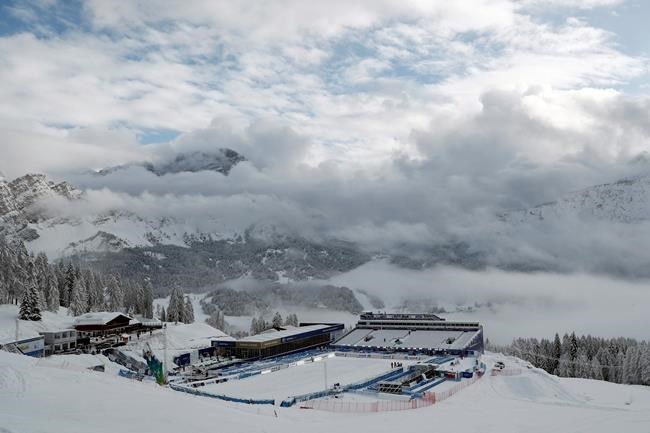 A view of the finish area after a women's alpine combined race was canceled due to heavy snowfall, at the alpine ski World Championships in Cortina d'Ampezzo, Italy, Monday, Feb. 8, 2021. (AP Photo/Gabriele Facciotti)