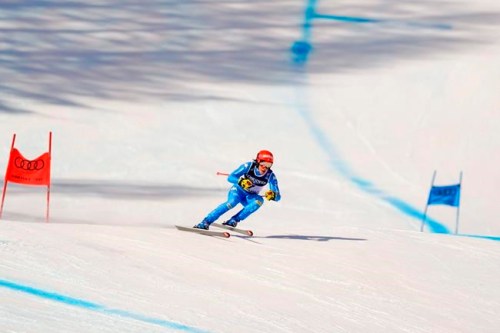 Italy's Federica Brignone speeds down the course during the super G portion of the women's combined race, at the alpine ski World Championships, in Cortina d'Ampezzo, Italy, Monday, Feb. 15, 2021. (AP Photo/Giovanni Auletta)